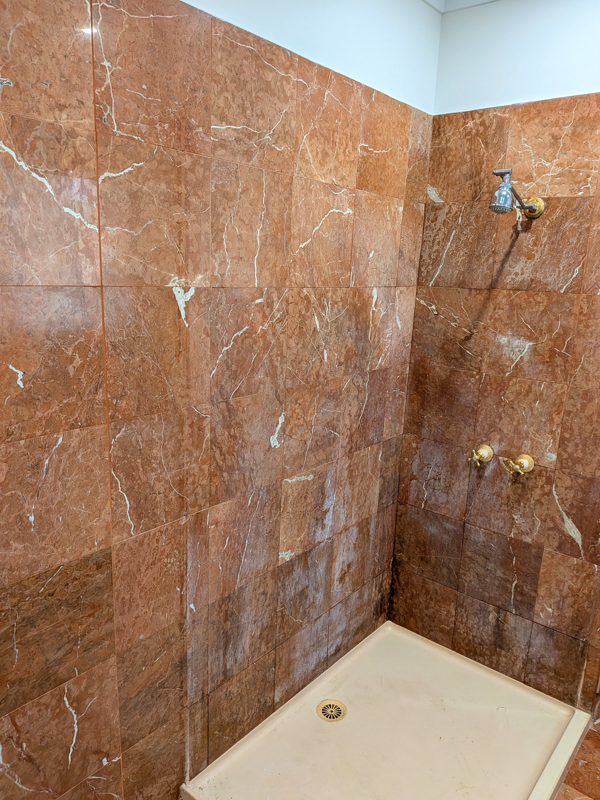 Before — red marble shower dull